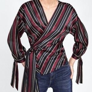 ZARA STRIPED SILKY WRAP BLOUSE